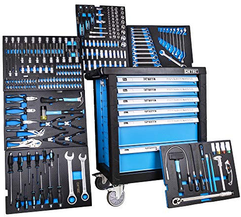 DeTec. Werkstattwagen bestückt Werkzeugwagen 6 von 6 Schubladen gefüllt mit Werkzeug Carbon Einleger Blau