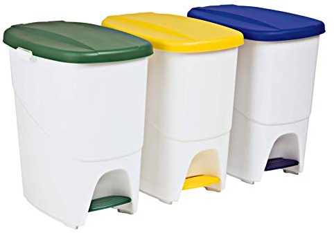 HELGUEFER - Pack 3 Cubos de Basura de Reciclaje con Pedal 25 Litros | Con Separador de Bolsas y Tapa de Color | Cubo Modular para Reciclaje Doméstico o Profesional | Plástico Resistente