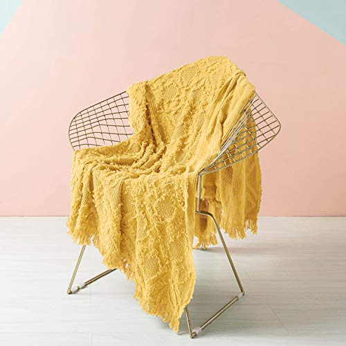 SIMPLEOPULENCE Überwurfdecke aus 100 % Baumwolle, für Bett, Couch, Boho-Struktur, geometrische Strickdecke mit Quasten, atmungsaktiv, Shabby-Chic-Bauernhaus-Dekoration für alle Jahreszeiten (Gelb)
