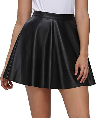 Fahsyee Leather Skirt Faux Skater Mini A-line High Waist Black L