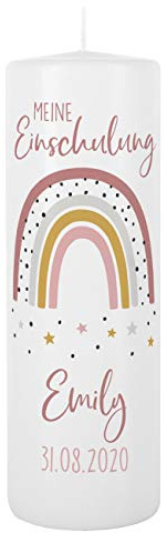 Striefchen® Regenbogen Kerze zur Einschulung als besondere Tischdekoration zum Schulanfang mit Namen des Kindes Mädchen
