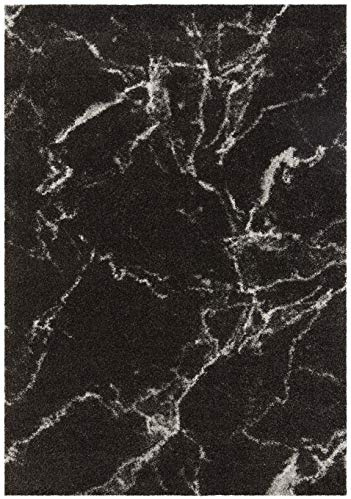 Mint Rugs Mayrin High Pile Living Room Rug Soft Fluffy Long Pile Shaggy Flokati Modern Design in Marble Look for Children's Room Bedroom Kitchen Hallway Black Cream 160 x 230 cm