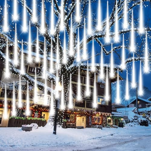 Auniq Luci Pioggia Meteore, 30cm 10 Tubi 240 LED Luci Stringa Meteora Doccia Impermeabile IP65 Luce Cascata Esterno Decorazione Catena Luminosa LED Goccia di pioggia Luce per Natale Giardino Festa