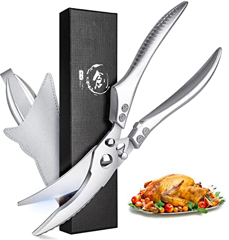 TIVOLI Tijeras de cocina profesionales para aves de corral, con mango de metal, tijeras de cocina afiladas de acero inoxidable con cierre de seguridad, mecanismo de muelle, para carne, pescado