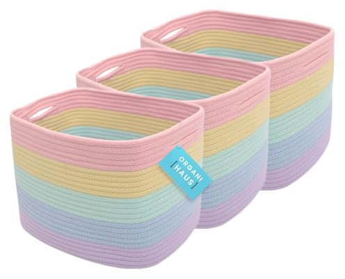 OrganiHaus Aufbewahrungskorb Rechteckig Geflochten, Körbe Aufbewahrung Wohnzimmer, Kinderzimmer, Badezimmer, Deko Korb, Faltbar mit Griffen für Decken & Spielzeug – Regenbogen, 37x25x22,5 cm