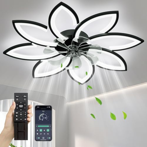 SPEVCH 35'' Ceiling Fans With Lights And Remote, Modern Low Profile Ceiling Fans 6 Speed Quiet Reversible Motor, Flush Mount LED Fan Light, Stepless Dimmable for Bedroom/living room/Kids Room (Black)