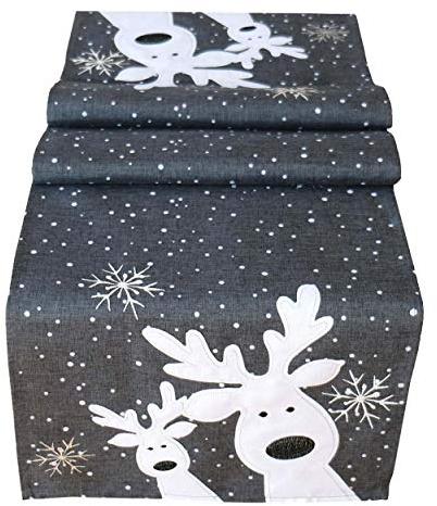 texpot Tischläufer 40 x 85 cm grau weiß Silber, lustiger Elch, Rentier, Tischdecke, Weihnachten Weihnachtsdeko Weihnachtstischdecke