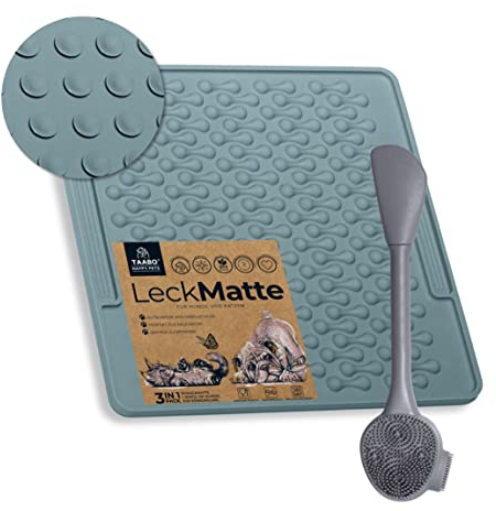 TAABO - Leckmatte inkl. Spatel mit 64 Saugnäpfen für Hund & Katze aus lebensmittelechtem Silikon (20x20cm) - Schleck-Matte zur Beschäftigung - Hunde & Katzen Leckerli-Matte BPA-Frei, Spülmaschinenfest