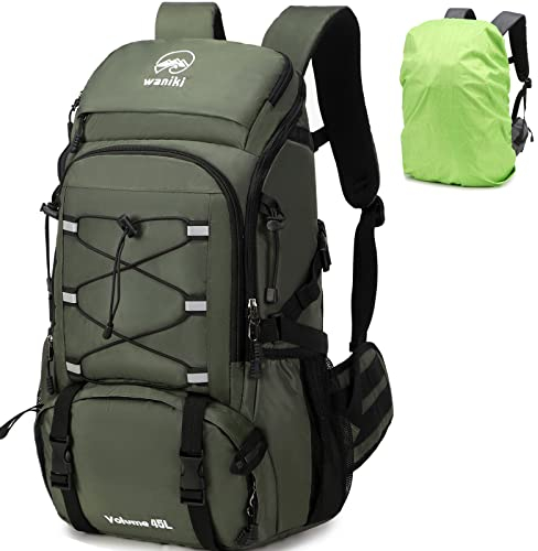 Waniki Rucksack Wanderrucksack 45L - Herren Damen Trekkingrucksack Reiserrucksack Backpack Outdoorrucksack Wasserdicht Daypack Bag für Wandern Radfahren Klettern Camping Sport mit Regenhülle, Green