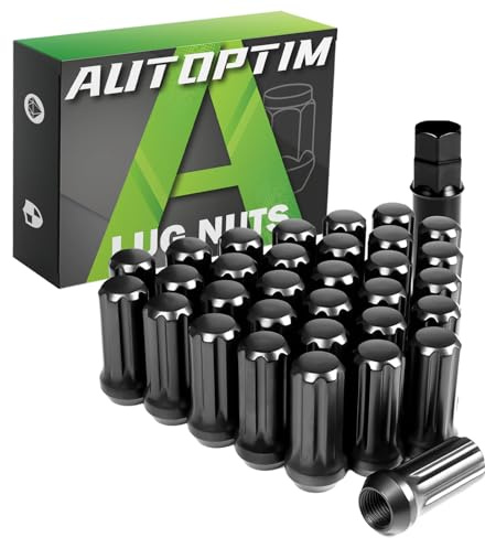 AUTOPTIM 32Pcs M14x1.5 Black Lug Nuts - Replacement for Chevy Silverado 1500 Ram 2500 3500 GMC Sierra Ford F250 8 Lug Aftermarket Wheel, 7 Spline Closed End Conical Seat Long Nuts with Socket Key