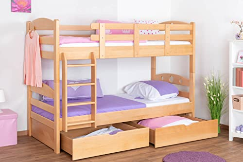 Etagenbett Stockbett Easy Premium Line K18 inkl. 2 Schubladen und 2 Abdeckblenden, Kopfteil mit Löchern, Buche Vollholz massiv Natur - Liegefläche: 90 x 200 cm, (B x L) teilbar