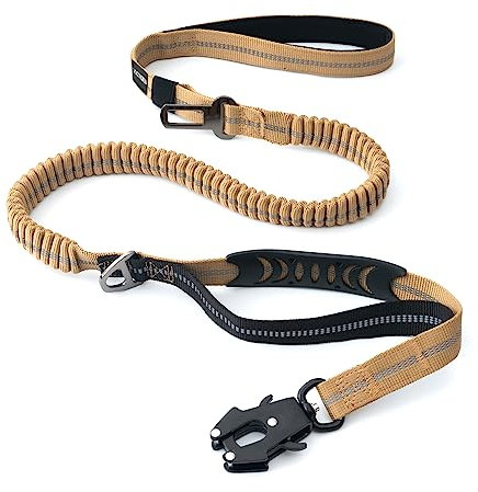 Strapazierfähige Taktische Hundeleine mit Schnellverschluss-Karabiner und stark reflektierenden Fäden, 1,2-1,8 m Power-Stretch-Hundeleine für mittelgroße und große Hunde, Braun und Schwarz