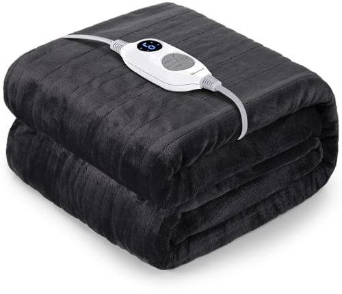 Warmrest Heizdecke mit Abschaltautomatik, 𝟏𝟓𝟎×𝟐𝟎𝟎 𝐜𝐦 Wärmedecke elektrisch mit 6 Heizstufen & 10 Stunden Timer, 𝐅𝐥𝐚𝐧𝐞𝐥𝐥 Elektrische Kuscheldecke für Schlafzimmer Wohnzimmer Büro Grau