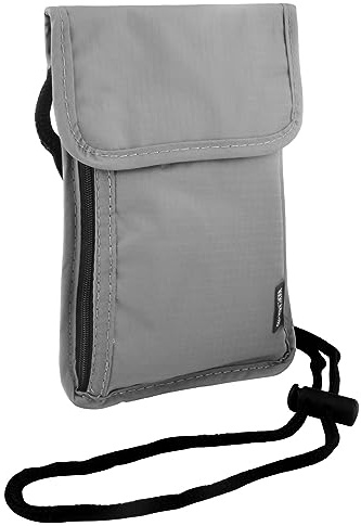 TNSLAND Portadocumentos de Cuello Monedero Colgante Impermeable con Bloqueador de RFID Billetera para Documentos Efectivo Organizador con 6 Bolsillos (Gris)