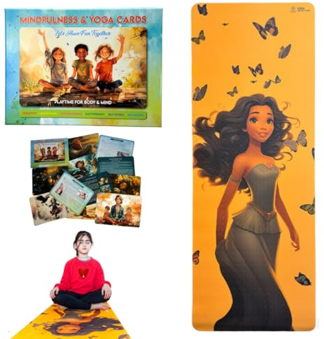 MindfulKids - Juego de yoga - Alfombrilla y tarjetas ecológicas de alta calidad para creatividad, concentración, imaginación y relajación (Diva)