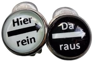 hier rein und da raus schwarz weiß Ohrclips mit Polster Edelstahl 12 mm