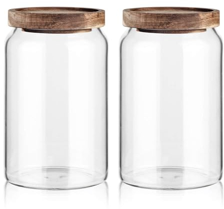 Labina Vorratsgläser Glas mit Holzdeckel, 2x1000ml Glasbehälter Töpfe | Weithals Aufbewahrungsglas mit Lids, Luftdicht Aufbewahrungsglas mit Deckel für Zucker, Kekse, Spaghetti