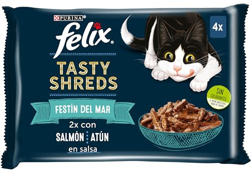 Purina Felix Tasty Shreds Comida Húmeda para Gato en Salsa Pack surtido Pescados, 12 paquetes de 4 sobres de 80g - 48 sobres