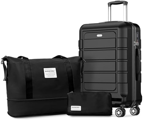 SHOWKOO Koffer Klein Hartschale Leicht ABS+PC Reisekoffer Kabinen Haltbar Handgepäck Sets 4 Rollen TSA-Schloss mit 1 Reisetasche und 1 Kulturtasche, M -Schwarz
