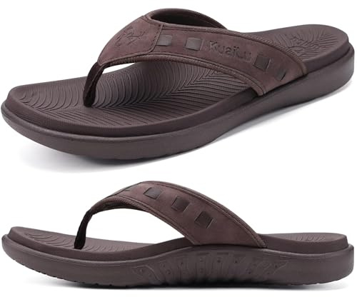 KuaiLu Mens Leather Flip Flops Orthotic Thong Sandals With Arch Support