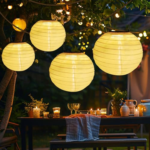 Liuyife 4 Pezzi Luci Solari Lanterne da Esterno, Lanterne Solari Impermeabili da Appendere, 20CM, Luci Solari in Nylon per Patio, Terrazza, Giardino, Matrimonio, Festa di Natale (Bianco Caldo)