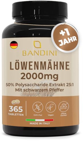 Bandini® Melena de León 365 Comprimidos Veganos (+1 Año de Suministro) - 2000mg de Concentration - Extracto de Hongo Lions Mane/Hericium Erinaceus con Pimienta Negra - Absorción máxima - Sin OGM