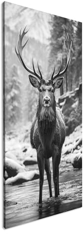 Majestätischer Hirsch in winterlicher Flusslandschaft Panorama 100x50 cm Effekt:Schwarz&Weiss als Leinwandbild, Motiv fertig gerahmt auf Echtholzrahmen, Hochwertiger Digitaldruck mit Rahmen