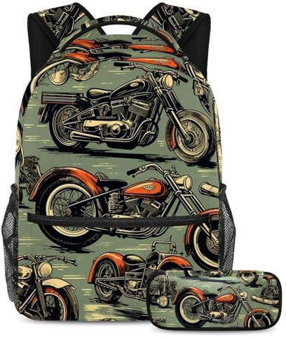 Schulranzen-Set – Vintage-Motorrad-Rucksack mit Federmäppchen, ideal für Studenten, Jungen und Mädchen, Buntes Vintage-Motorrad, Größe L
