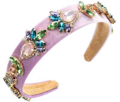 Cerchietto per capelli in velluto tinta unita con fiori e strass, accessorio per capelli da festa viola chiaro