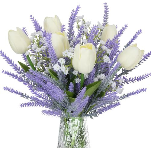 Luabue Bouquet di Fiori Artificiali Lavanda e Tulipani con Respiro di Bambino Bianco Fiori Finti Fiori Artificiali Realistici per Decorazioni Casa Ufficio Matrimoni Festa