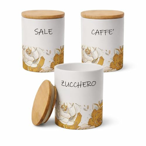 MECSAL CASALINGHI Set 3 Barattoli Decorati Contenitori, Tris Sale Zucchero Caffè, in Ceramica Tondi, con Tappo in Legno, Stile Shabby (1, Rotondo Lux)