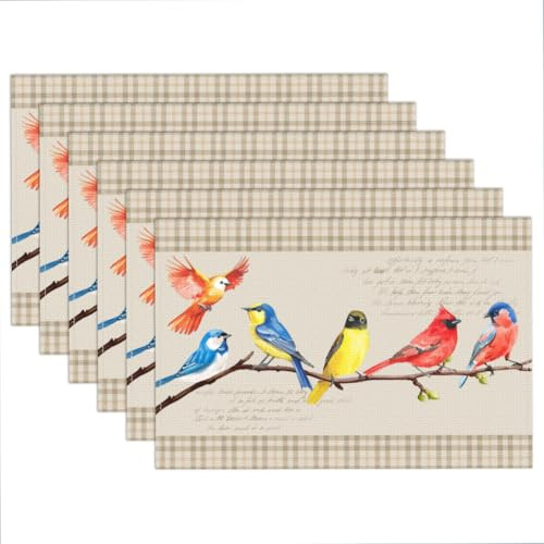 WADORN Bohè Tischsets Mit Vogelzweigen 6er Set, 45x30cm Tischsets Aus Stoff Mit Frühlings Und Sommervögeln Platzset Aus Bauernhaus Rustikal Kolibri Leinen Hitzebeständig Waschbar