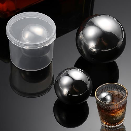 Pack da 2 Ice Cooler Stone Sfera Raffreddamento, Pietre Whisky in Acciaio Inox, Sfera di ghiaccio congelato in acciaio inossidabile con scatola in PP | Diametro 35mm e 55mm (Argento)
