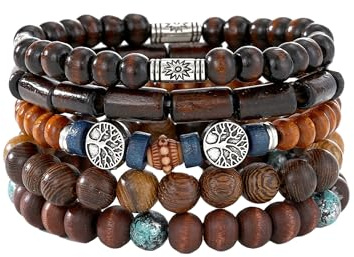 GAUEIOUR 5PCS Boho Beaded Bracelets for Woman Man Multicolour Retro Style Adjustable Multi-layer Tree of Life Wooden Elastic Portability Cuff Bangle Wristband Jewelry