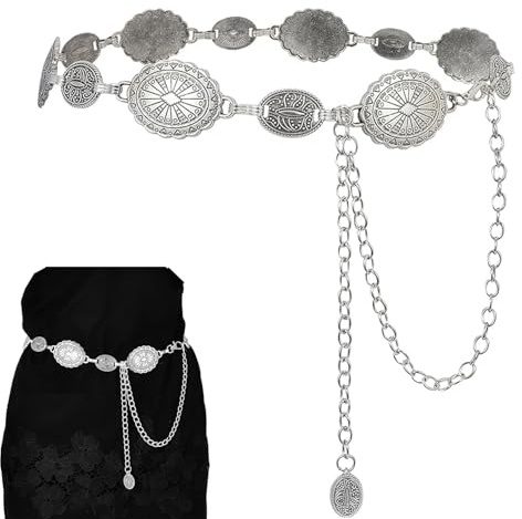 Metallgürtel Cowgirl Boho Gürtel Kettengürtel Langer Gürtel mit Metallschnalle Verstellbarer Damen-Kettengürtel Taillenkette Modegürtel Taillenkette, Hüftkette passend für Kleider