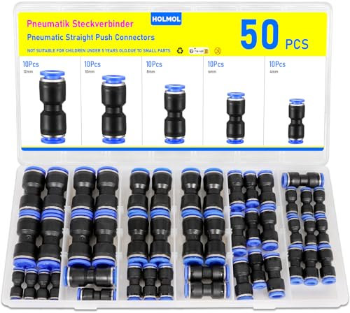 HOLMOL Pneumatic Straight Push Connectors 50PCS, Pneumatic Quick Fittings 4/6/8/10/12mm Set for Air Water Hose, Straight Coupling Adapter for Air Flow