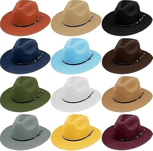MALLOOM 12 Chapeau Cowboy Fille Garçons Chapeau Panama Rétro Fedora Classique en Feutre avec Boucle de Ceinture Casquettes Unisexes Enroulées
