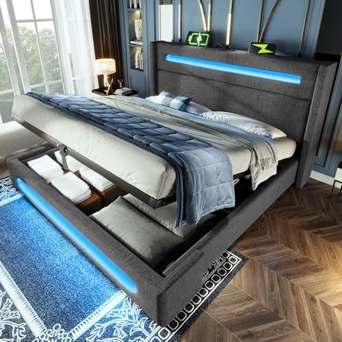 RIAZOS Polsterbett 160x200 cm, Doppelbett Jugendbett mit LED, Hydraulisches Stauraumbett mit USB Type-C Aufladen, Bettgestell mit Lattenrost, Grau, Leinen, ohne Matratze