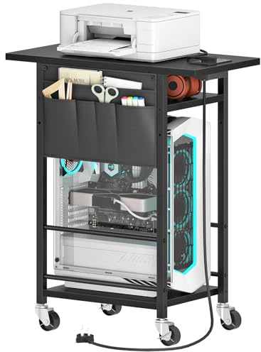 HOOBRO 3-Tier Mobile Computer Tower Stand with Power Outlet, Height Adjustable PC Stand, PC Holder, Computer Tower Cart, with Fabric Pockets, for Home Office, Under Desk, Black EBK36KZJ01