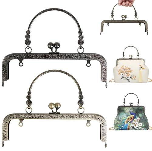 2Pcs Marcos de Metal para Bolsos 20cm, Marco Monedero Metal Boquillas Monederos Cierres Bolsos Vintage Cierre Boquilla Cierre Boquilla para Hacer tu Propia Cerradura Cierre Bolso Estilo(Cobre + Negro)