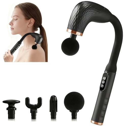 AURIVEE Pistolet de Massage avec Manche Allongé | Détente Profonde pour Dos, Nuque & Épaules, 6 Vitesses 4 Embouts 2000mAh, Percussion Silencieuse pour Récupération & Confort