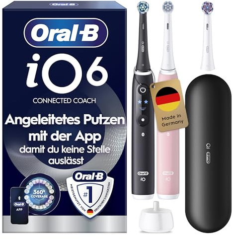 Oral-B iO Series 6 Elektrische Zahnbürste, Doppelpack, Schwarz/Rosa | Inkl. 3 Aufsteckbürsten, Reise-Etui, Electric Toothbrush mit 5 Putzmodi für Zahnpflege