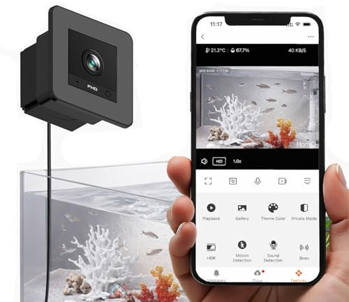 Denash Telecamera per Acquario, Telecamera per Acquario WiFi Grandangolare 2K HD 140°, Subacquea con Rilevamento del Movimento AI per di Allevamento per Terrari di