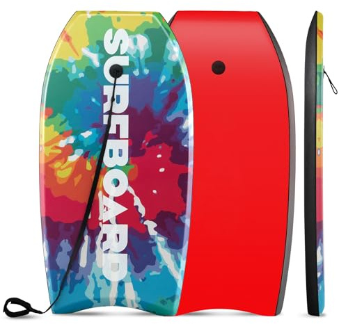 HOMASIS Leichtes Bodyboard, Surfbrett mit EPS-Kern, XPE-Deck, HDPE-Boden & Handgelenk-Leash, Surfboard Schwimmboard für Kinder & Erwachsene, Schwimmbrett für Meer & Pool