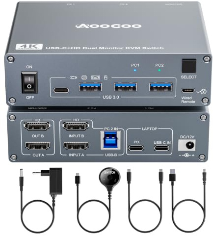 Switch KVM USB C HDMI 4K@60Hz, Dual Monitor KVM Switch per 1 PC e 1 Laptop e 4 Porte USB 3.0, Alimentazione PD per Laptop, con Telecomando via cavo, Cavo USB