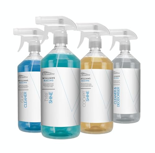 New Improved Williams Racing Car Care Cleaning Essentials Quad Pack (Glass Cleaner, Upholstery, Tyre and Cockpit Shine)