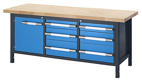 eurokraft | Höhenverstellbare Werkbank | Gestellbauweise | 6 Schubladen | 1 Flügeltür | Breite 2000 mm | anthrazit/blau