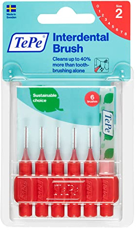 TePe Interdental Brush Original, Soft Dental Brush for Teeth Cleaning, Pack of 6, 0.5 mm, Extra-Small/Small Gaps, Red, Size 2