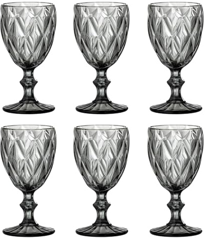 Lot de 6 verres à vin et à boire vintage colorés avec motif diamant (Rombus), verres à cocktail avec gaufrage, verres à eau, verres à vin gris