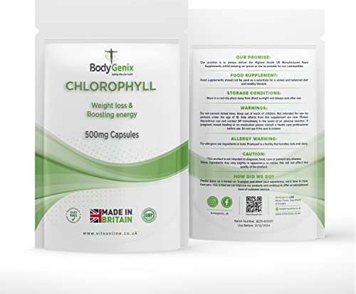 Bodygenix Chlorophyll Capsules - 500mg per Serving Anti Inflammation Detoxifier Healthy Skin Weight Management - Non GMO Vegan Supplement 60 Capsules